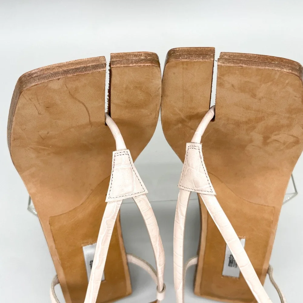 Miista London Womens 40 9.5 Ailsa Split Toe Sandals Pink Croc Leather Thong Heel